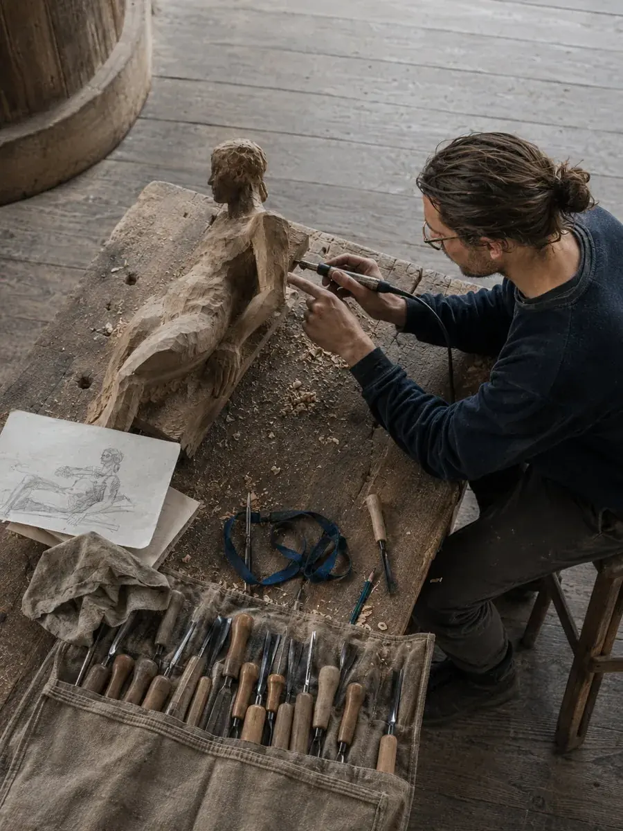 Craftsman hand-carving a figure at a workbench beside a roll of chisels and a working drawing
