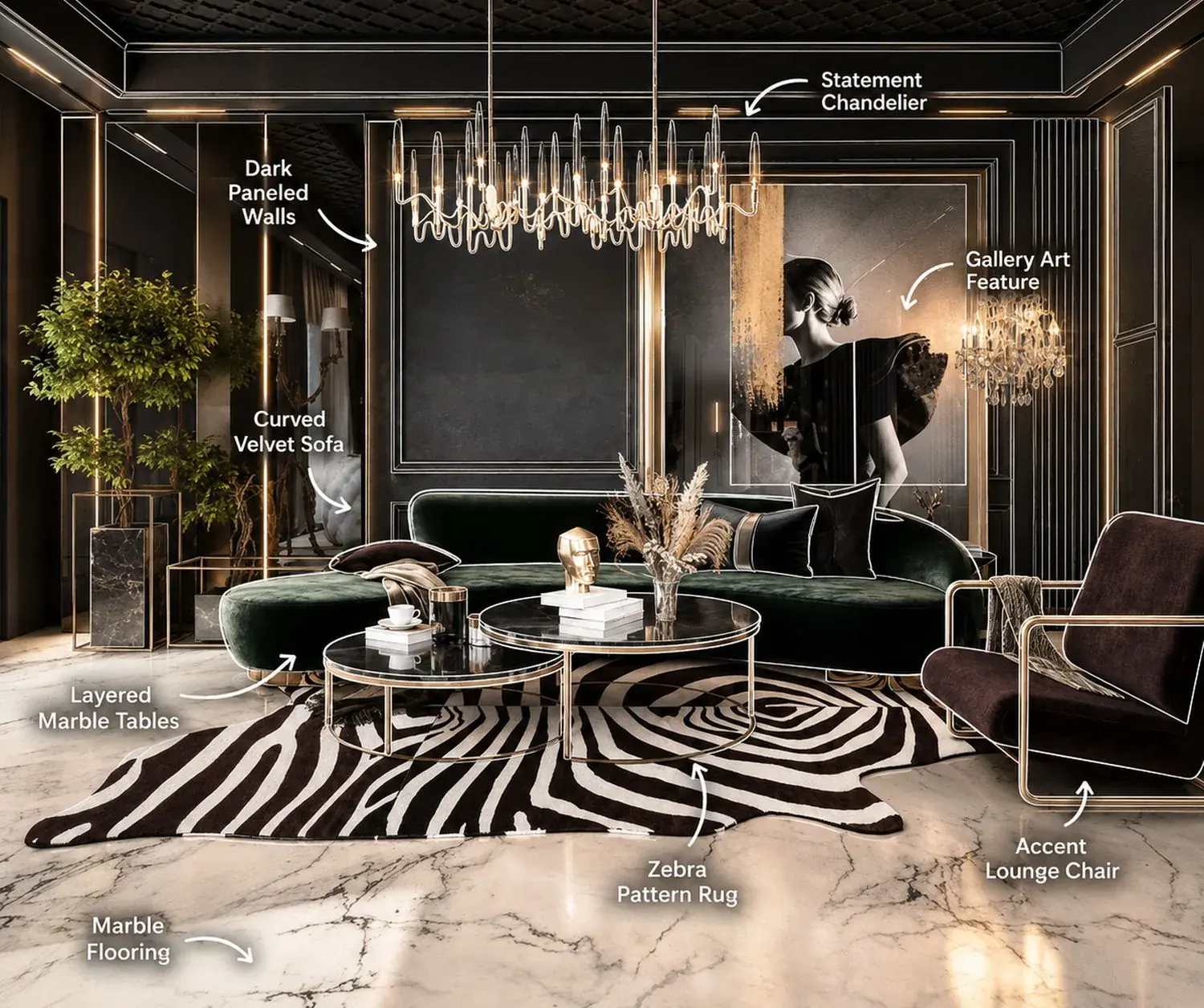 Dark panelled living room with statement chandelier, curved velvet sofa and marble flooring