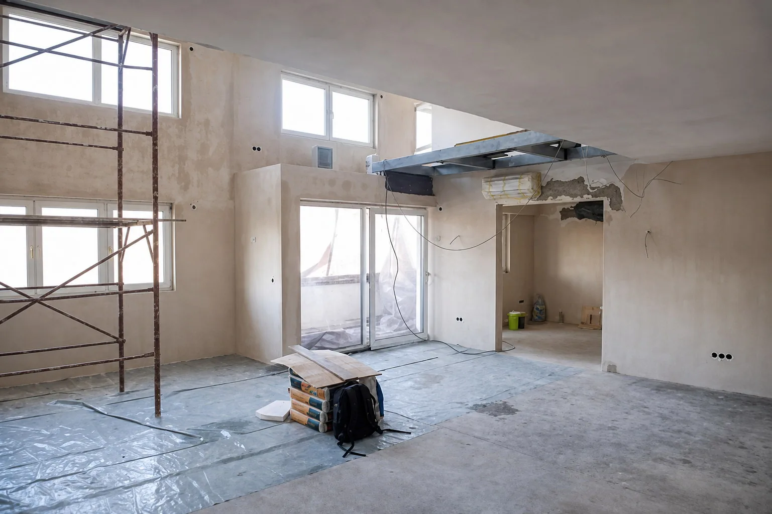 Double-height villa interior at shell stage with scaffolding, exposed ductwork and plastered walls