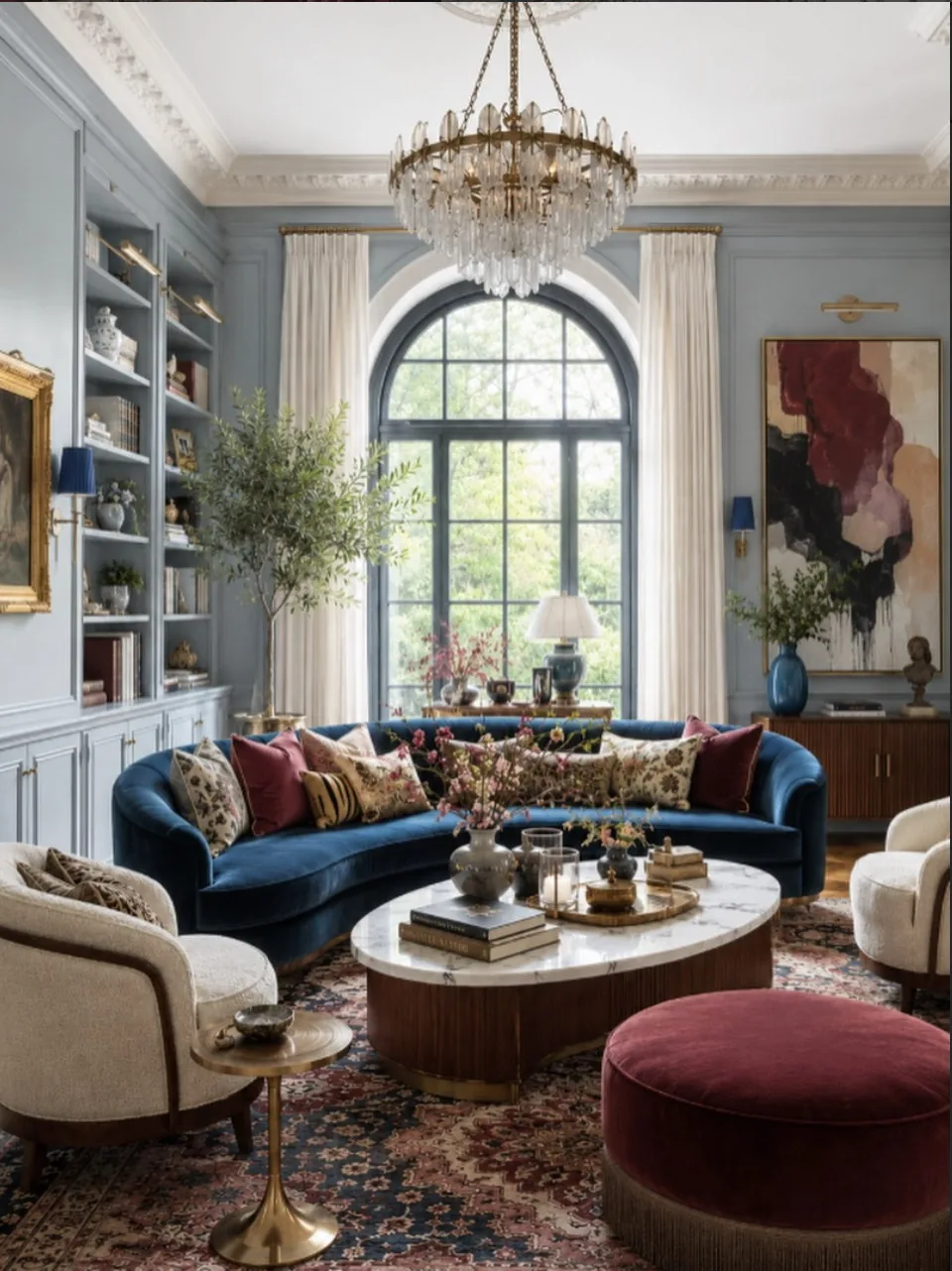 House of Velora reception room with arched window, crystal chandelier and layered furnishing