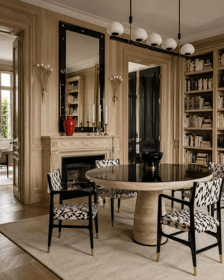 Restrained dining room with travertine table, panelled walls and sculptural lighting