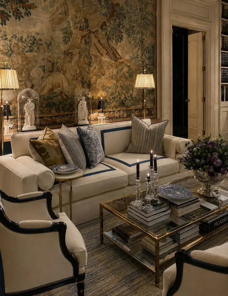 Salon with full-height tapestry, bespoke upholstery and layered decorative detailing